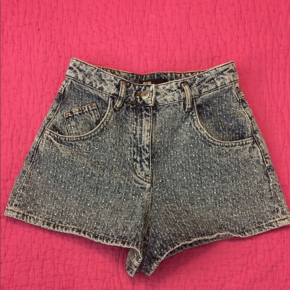 Maje Distressed Blue  crystal Jean Shorts, US2